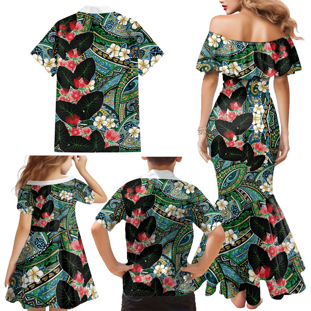 Hawaiian Taro Leaves and Ohia Lehua Family Matching Mermaid Dress and Hawaiian Shirt Polynesian Tribal Art Tropical Plants Motifs Colorful