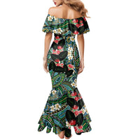 Hawaiian Taro Leaves and Ohia Lehua Family Matching Mermaid Dress and Hawaiian Shirt Polynesian Tribal Art Tropical Plants Motifs Colorful