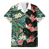 Hawaiian Taro Leaves and Ohia Lehua Family Matching Off The Shoulder Long Sleeve Dress and Hawaiian Shirt Polynesian Tribal Art Tropical Plants Motifs Colorful