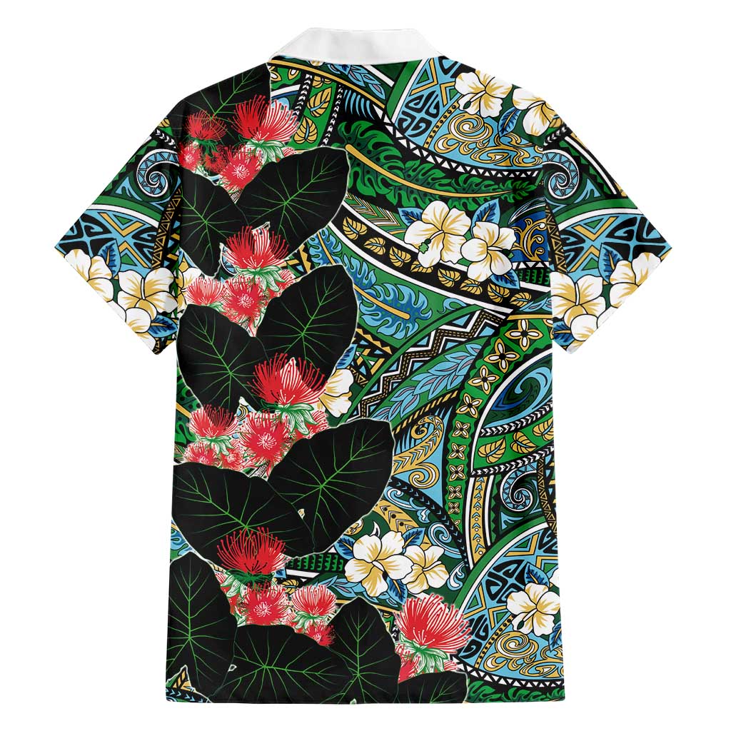 Hawaiian Taro Leaves and Ohia Lehua Family Matching Off The Shoulder Long Sleeve Dress and Hawaiian Shirt Polynesian Tribal Art Tropical Plants Motifs Colorful