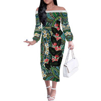 Hawaiian Taro Leaves and Ohia Lehua Family Matching Off The Shoulder Long Sleeve Dress and Hawaiian Shirt Polynesian Tribal Art Tropical Plants Motifs Colorful