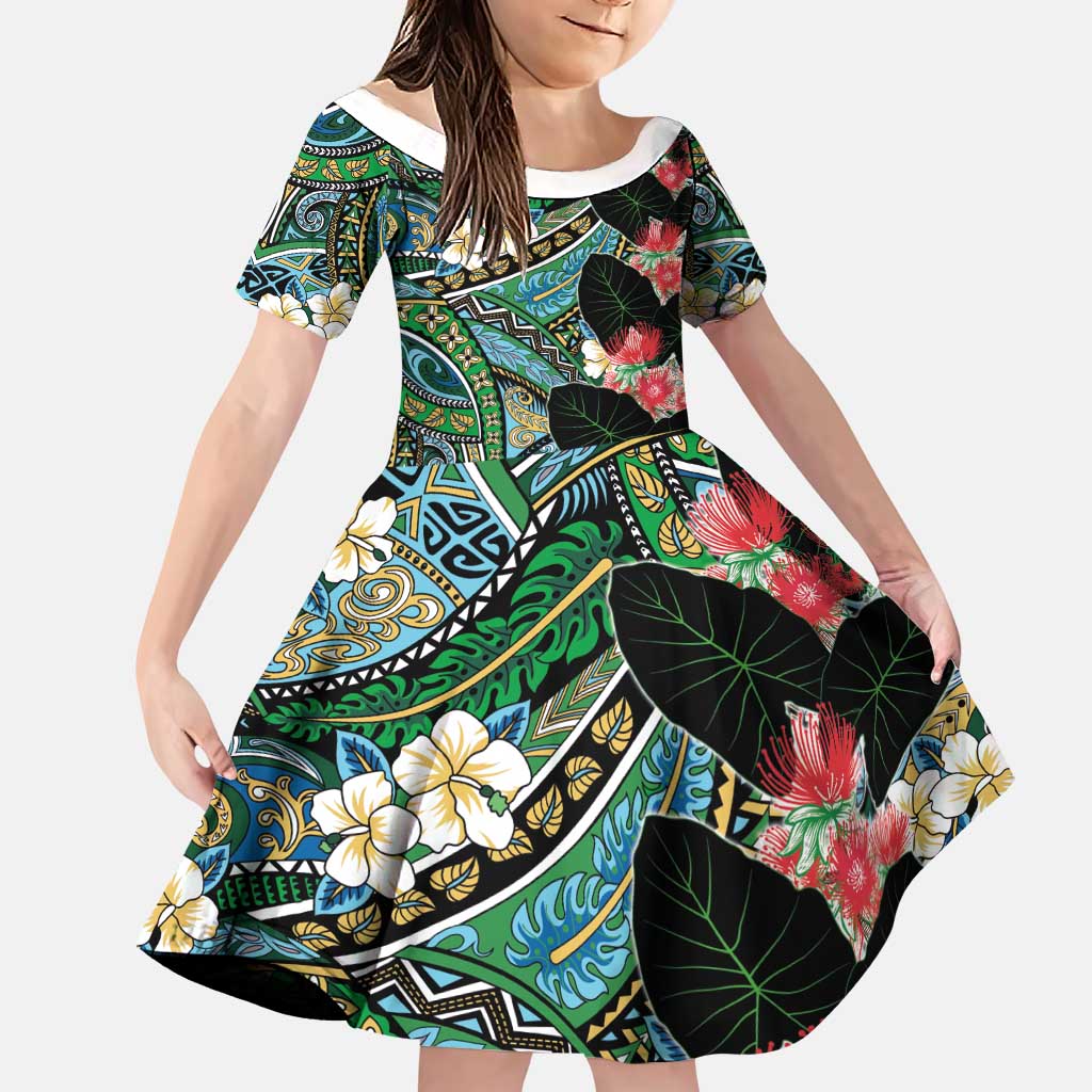 Hawaiian Taro Leaves and Ohia Lehua Family Matching Off Shoulder Maxi Dress and Hawaiian Shirt Polynesian Tribal Art Tropical Plants Motifs Colorful