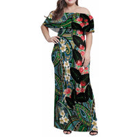 Hawaiian Taro Leaves and Ohia Lehua Family Matching Off Shoulder Maxi Dress and Hawaiian Shirt Polynesian Tribal Art Tropical Plants Motifs Colorful
