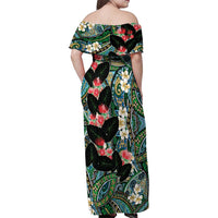Hawaiian Taro Leaves and Ohia Lehua Family Matching Off Shoulder Maxi Dress and Hawaiian Shirt Polynesian Tribal Art Tropical Plants Motifs Colorful