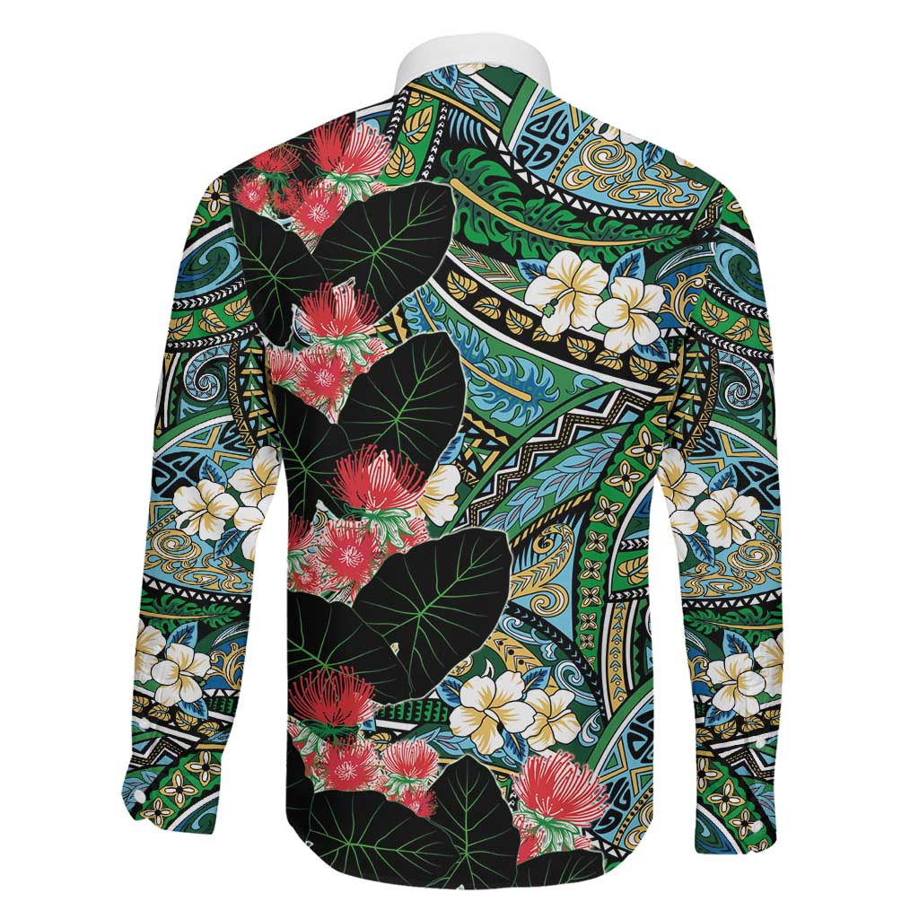 Hawaiian Taro Leaves and Ohia Lehua Family Matching Off Shoulder Short Dress and Hawaiian Shirt Polynesian Tribal Art Tropical Plants Motifs Colorful
