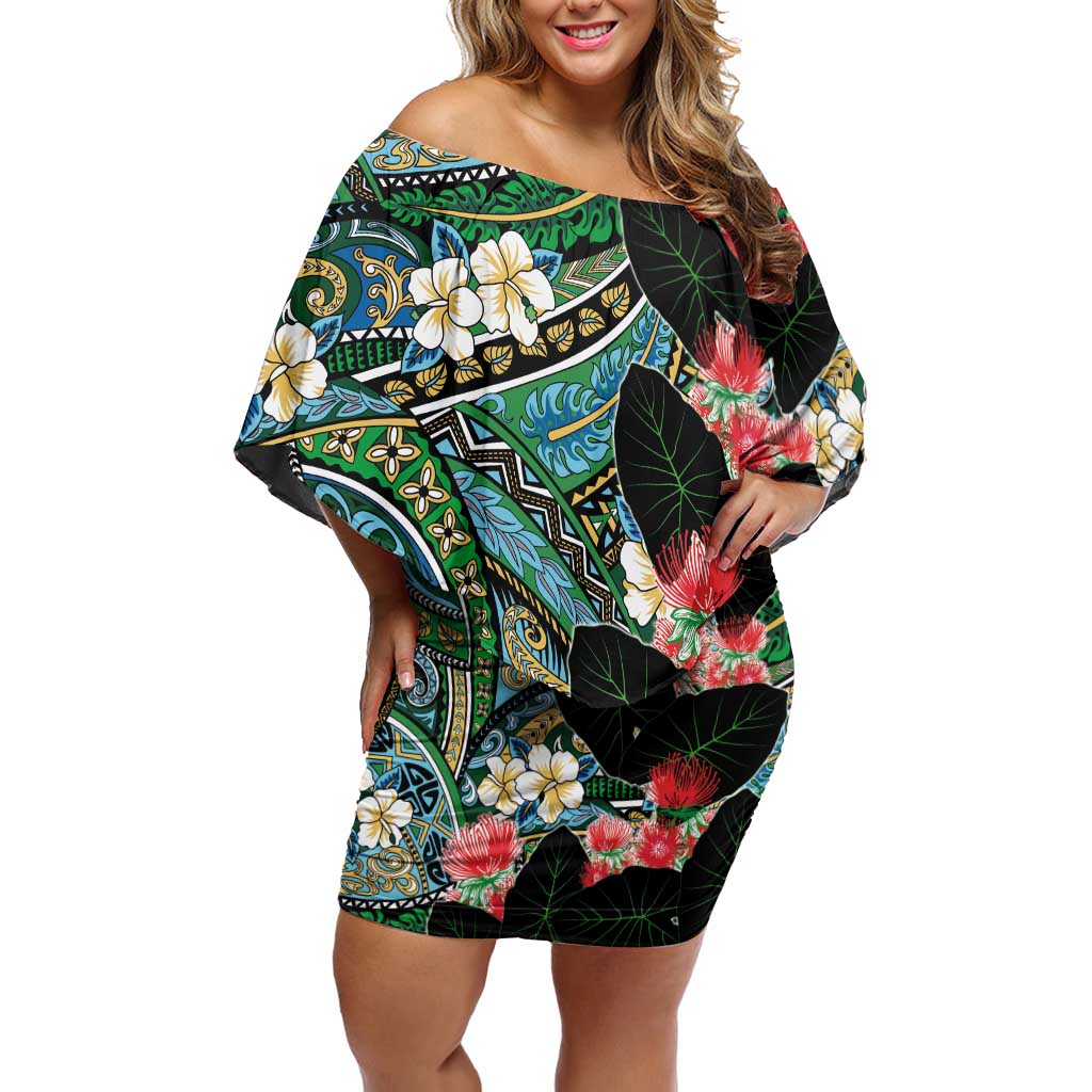 Hawaiian Taro Leaves and Ohia Lehua Family Matching Off Shoulder Short Dress and Hawaiian Shirt Polynesian Tribal Art Tropical Plants Motifs Colorful