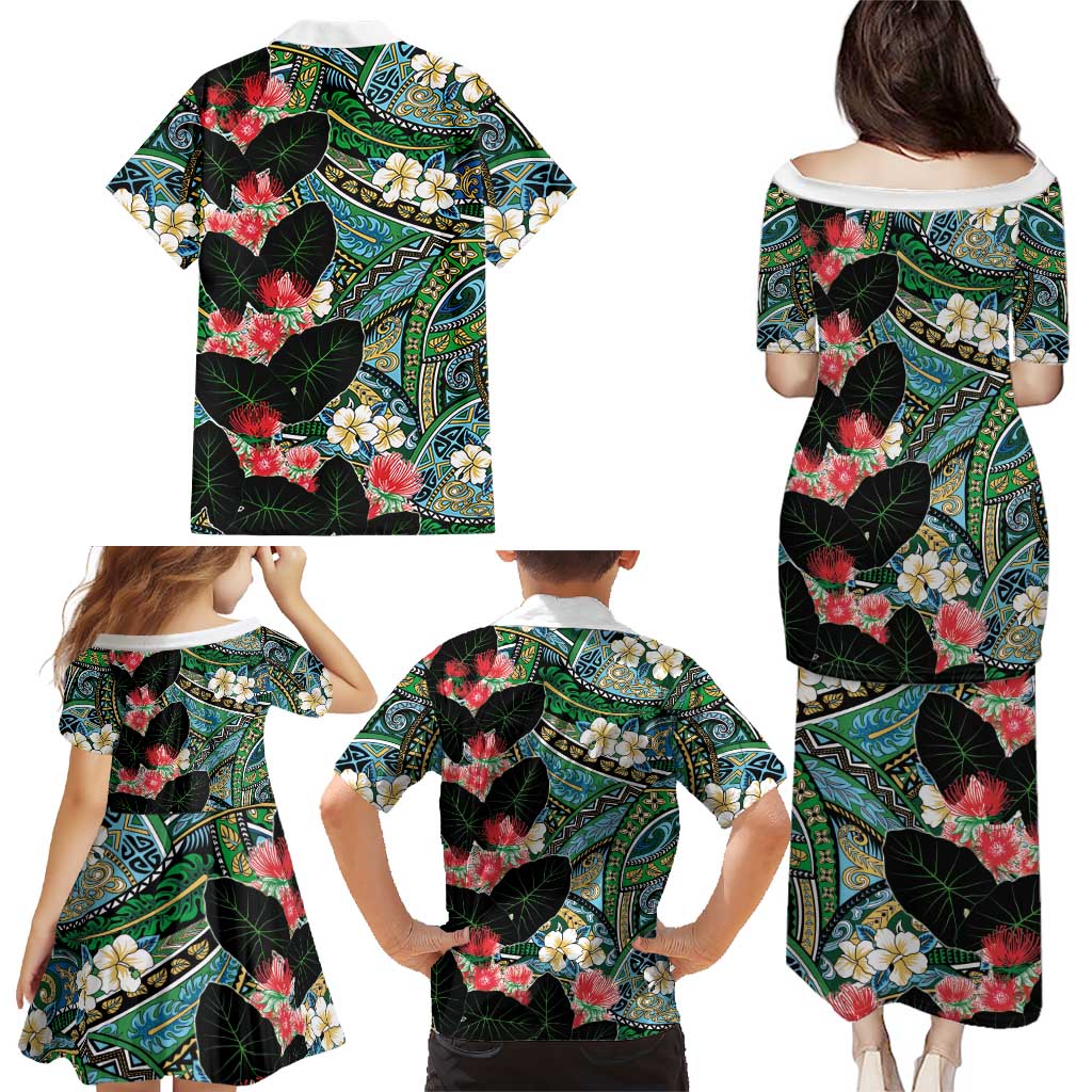Hawaiian Taro Leaves and Ohia Lehua Family Matching Puletasi and Hawaiian Shirt Polynesian Tribal Art Tropical Plants Motifs Colorful