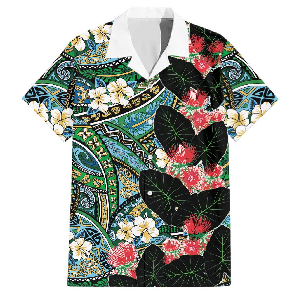 Hawaiian Taro Leaves and Ohia Lehua Family Matching Puletasi and Hawaiian Shirt Polynesian Tribal Art Tropical Plants Motifs Colorful