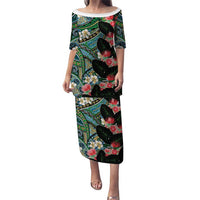 Hawaiian Taro Leaves and Ohia Lehua Family Matching Puletasi and Hawaiian Shirt Polynesian Tribal Art Tropical Plants Motifs Colorful