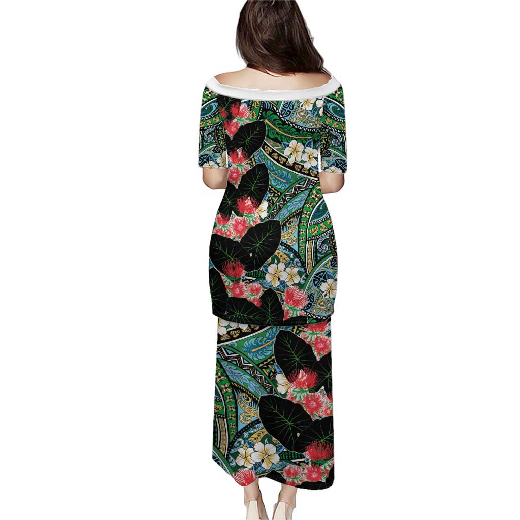 Hawaiian Taro Leaves and Ohia Lehua Family Matching Puletasi and Hawaiian Shirt Polynesian Tribal Art Tropical Plants Motifs Colorful