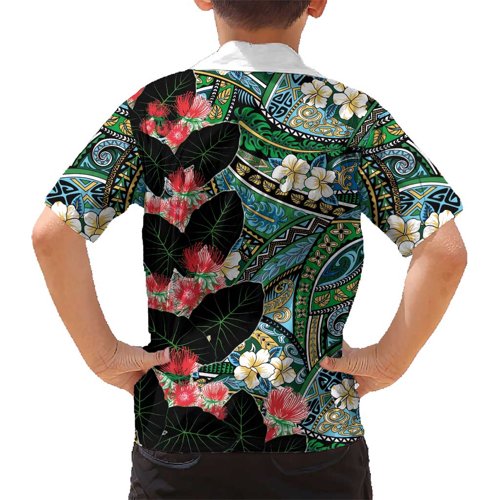 Hawaiian Taro Leaves and Ohia Lehua Family Matching Short Sleeve Bodycon Dress and Hawaiian Shirt Polynesian Tribal Art Tropical Plants Motifs Colorful