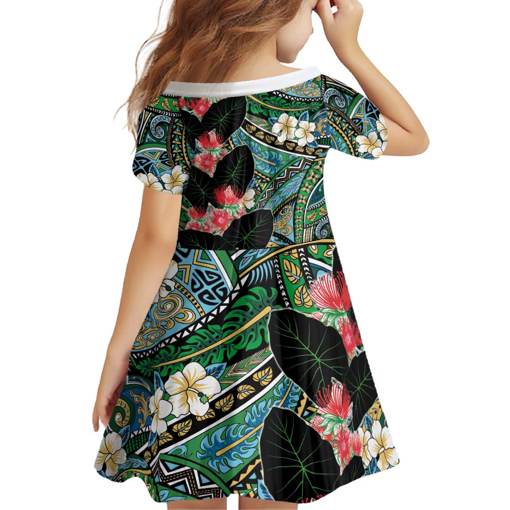 Hawaiian Taro Leaves and Ohia Lehua Family Matching Short Sleeve Bodycon Dress and Hawaiian Shirt Polynesian Tribal Art Tropical Plants Motifs Colorful