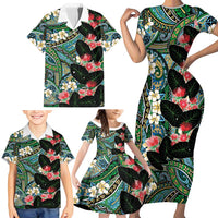 Hawaiian Taro Leaves and Ohia Lehua Family Matching Short Sleeve Bodycon Dress and Hawaiian Shirt Polynesian Tribal Art Tropical Plants Motifs Colorful