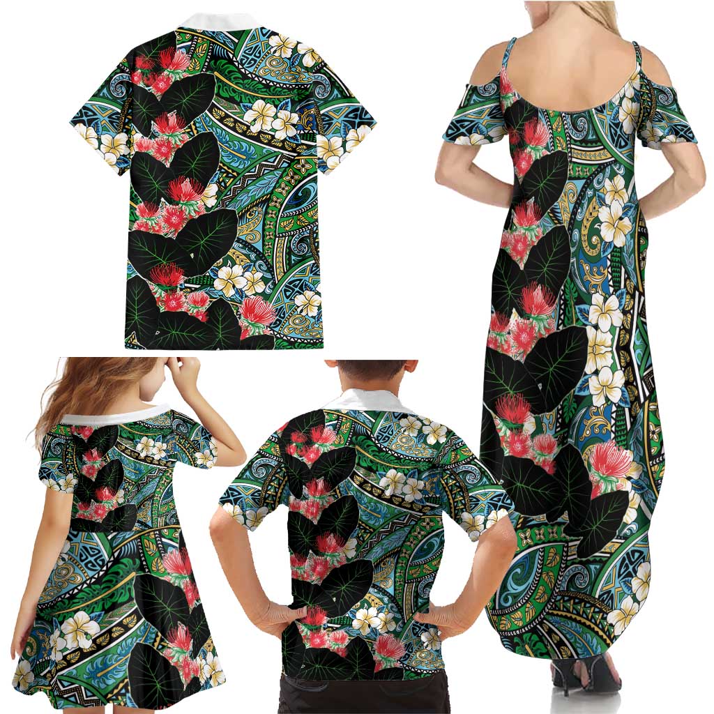 Hawaiian Taro Leaves and Ohia Lehua Family Matching Summer Maxi Dress and Hawaiian Shirt Polynesian Tribal Art Tropical Plants Motifs Colorful