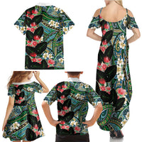Hawaiian Taro Leaves and Ohia Lehua Family Matching Summer Maxi Dress and Hawaiian Shirt Polynesian Tribal Art Tropical Plants Motifs Colorful