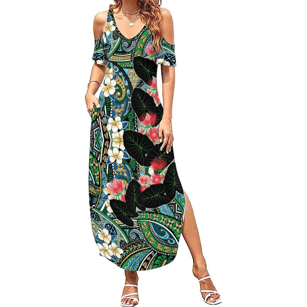 Hawaiian Taro Leaves and Ohia Lehua Family Matching Summer Maxi Dress and Hawaiian Shirt Polynesian Tribal Art Tropical Plants Motifs Colorful
