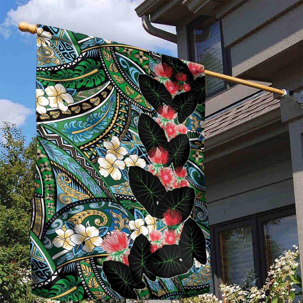 Hawaiian Taro Leaves and Ohia Lehua Garden Flag Polynesian Tribal Art Tropical Plants Motifs Colorful