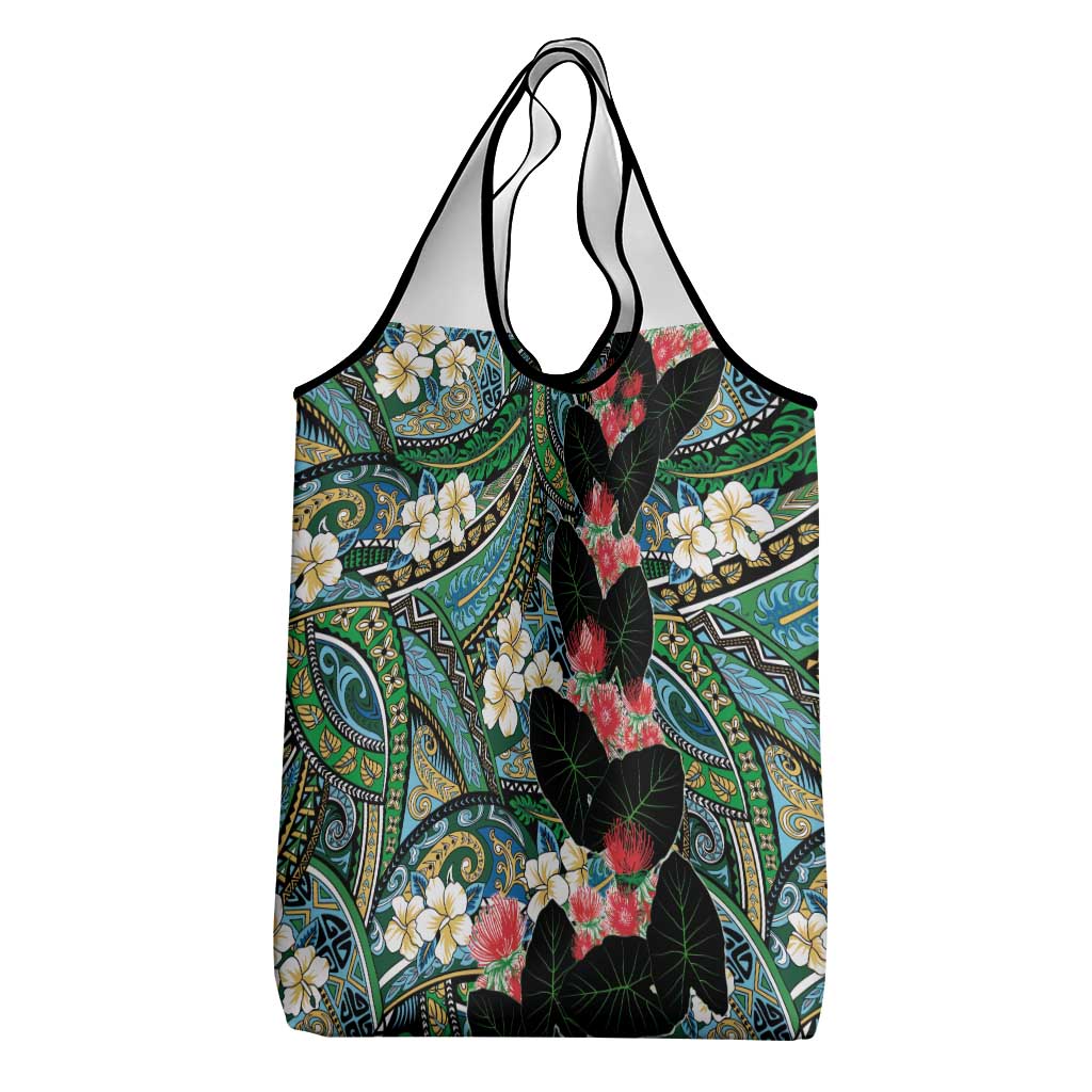 Hawaiian Taro Leaves and Ohia Lehua Grocery Bag Polynesian Tribal Art Tropical Plants Motifs Colorful