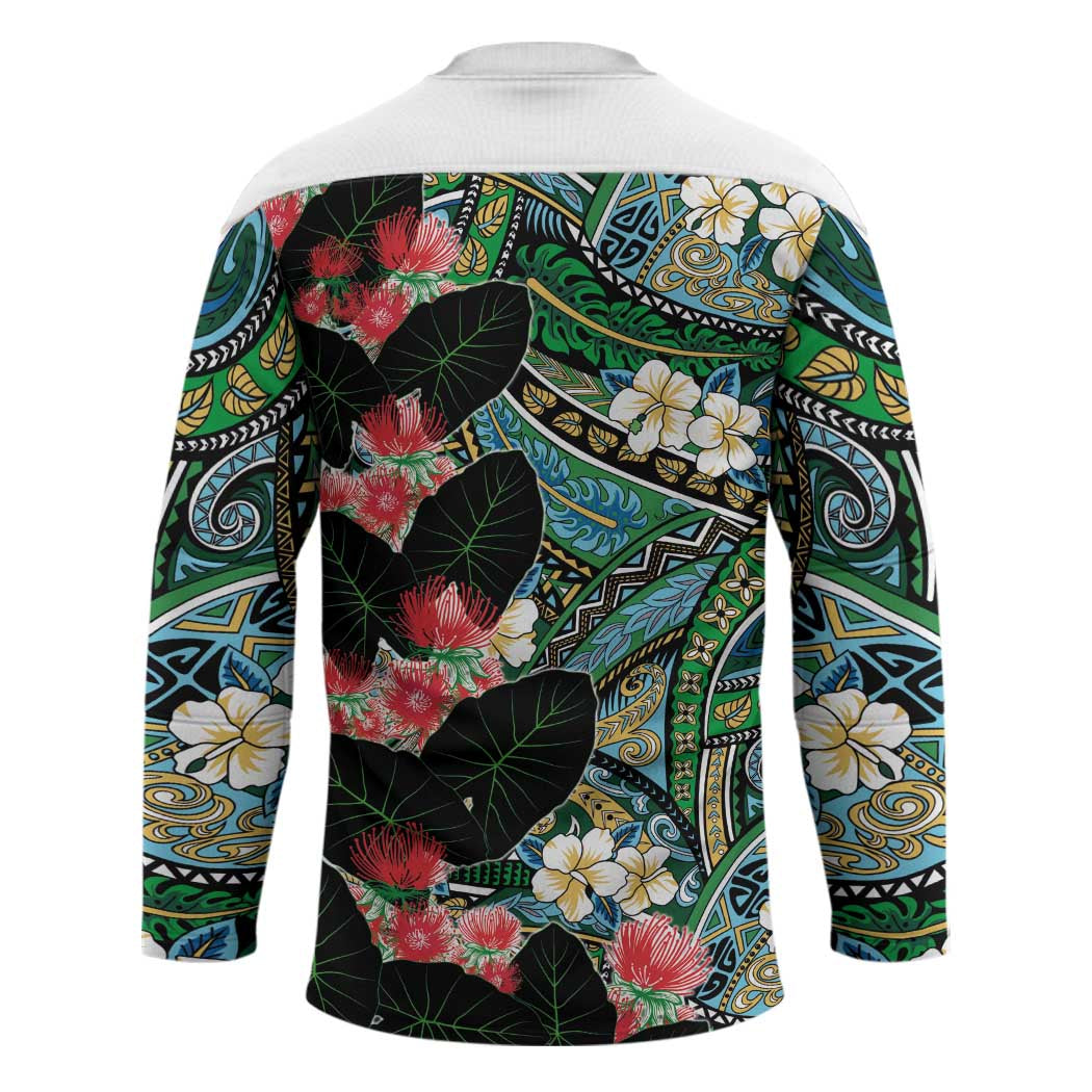 Hawaiian Taro Leaves and Ohia Lehua Hockey Jersey Polynesian Tribal Art Tropical Plants Motifs Colorful