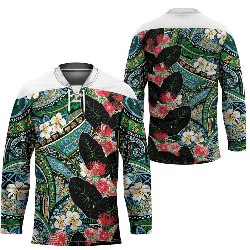 Hawaiian Taro Leaves and Ohia Lehua Hockey Jersey Polynesian Tribal Art Tropical Plants Motifs Colorful