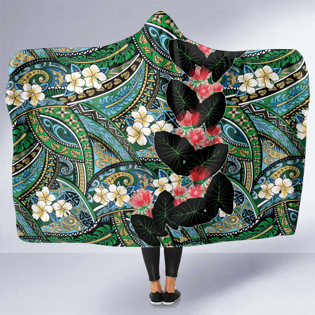 Hawaiian Taro Leaves and Ohia Lehua Hooded Blanket Polynesian Tribal Art Tropical Plants Motifs Colorful