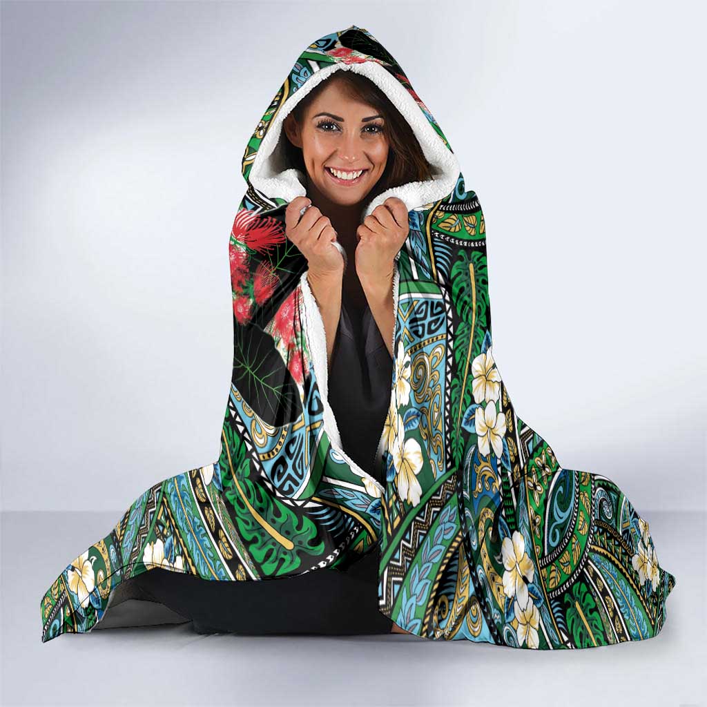 Hawaiian Taro Leaves and Ohia Lehua Hooded Blanket Polynesian Tribal Art Tropical Plants Motifs Colorful
