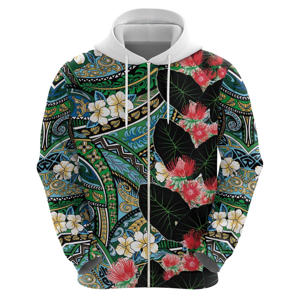 Hawaiian Taro Leaves and Ohia Lehua Hoodie Polynesian Tribal Art Tropical Plants Motifs Colorful