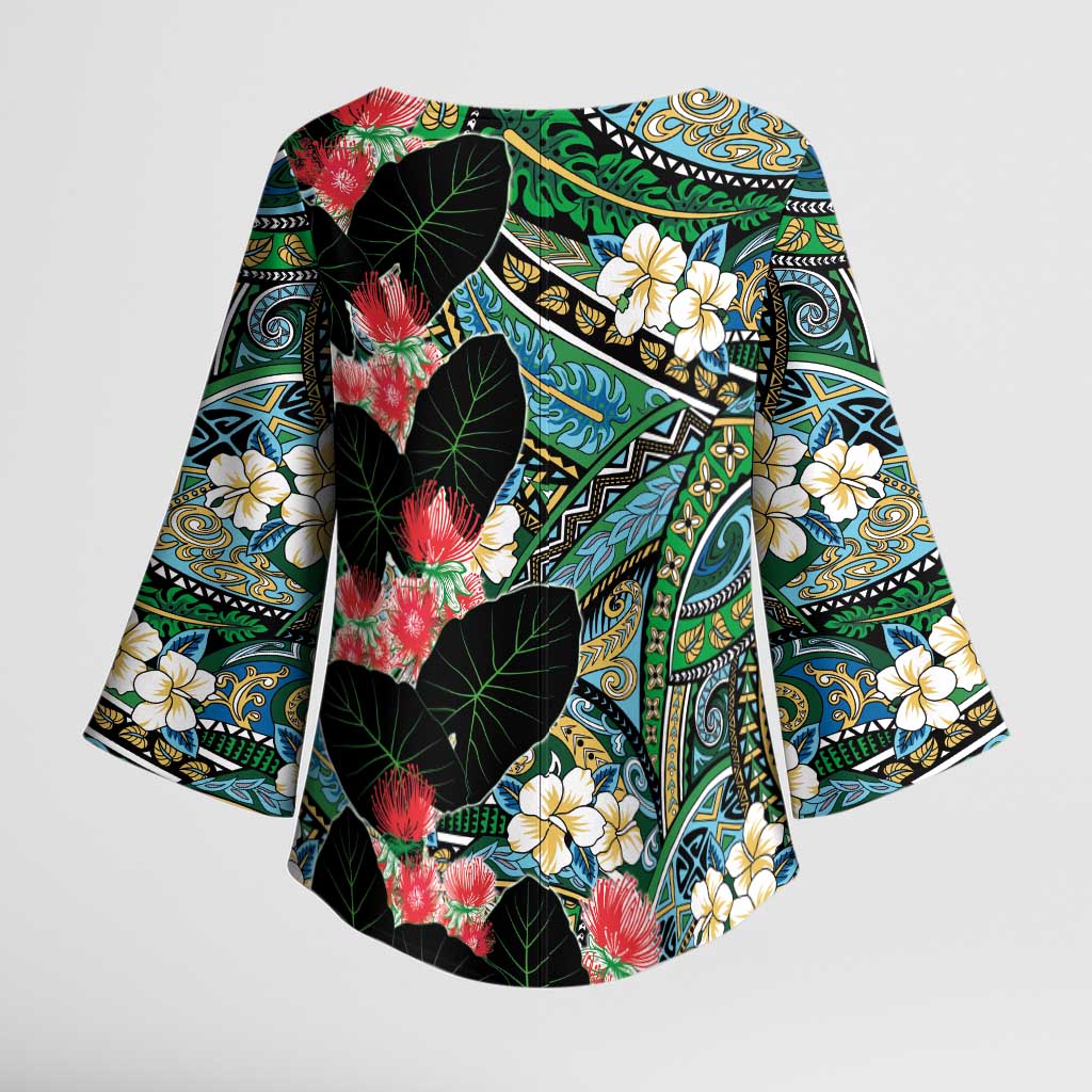Hawaiian Taro Leaves and Ohia Lehua Kimono Sleeve Blouse Polynesian Tribal Art Tropical Plants Motifs Colorful