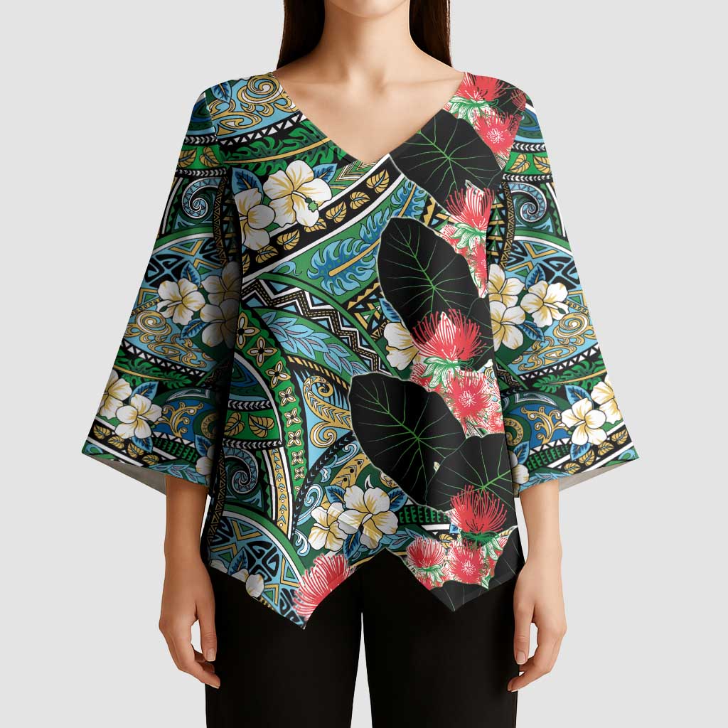 Hawaiian Taro Leaves and Ohia Lehua Kimono Sleeve Blouse Polynesian Tribal Art Tropical Plants Motifs Colorful