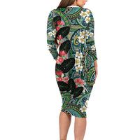 Hawaiian Taro Leaves and Ohia Lehua Long Sleeve Bodycon Dress Polynesian Tribal Art Tropical Plants Motifs Colorful
