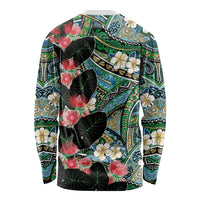 Hawaiian Taro Leaves and Ohia Lehua Long Sleeve Shirt Polynesian Tribal Art Tropical Plants Motifs Colorful