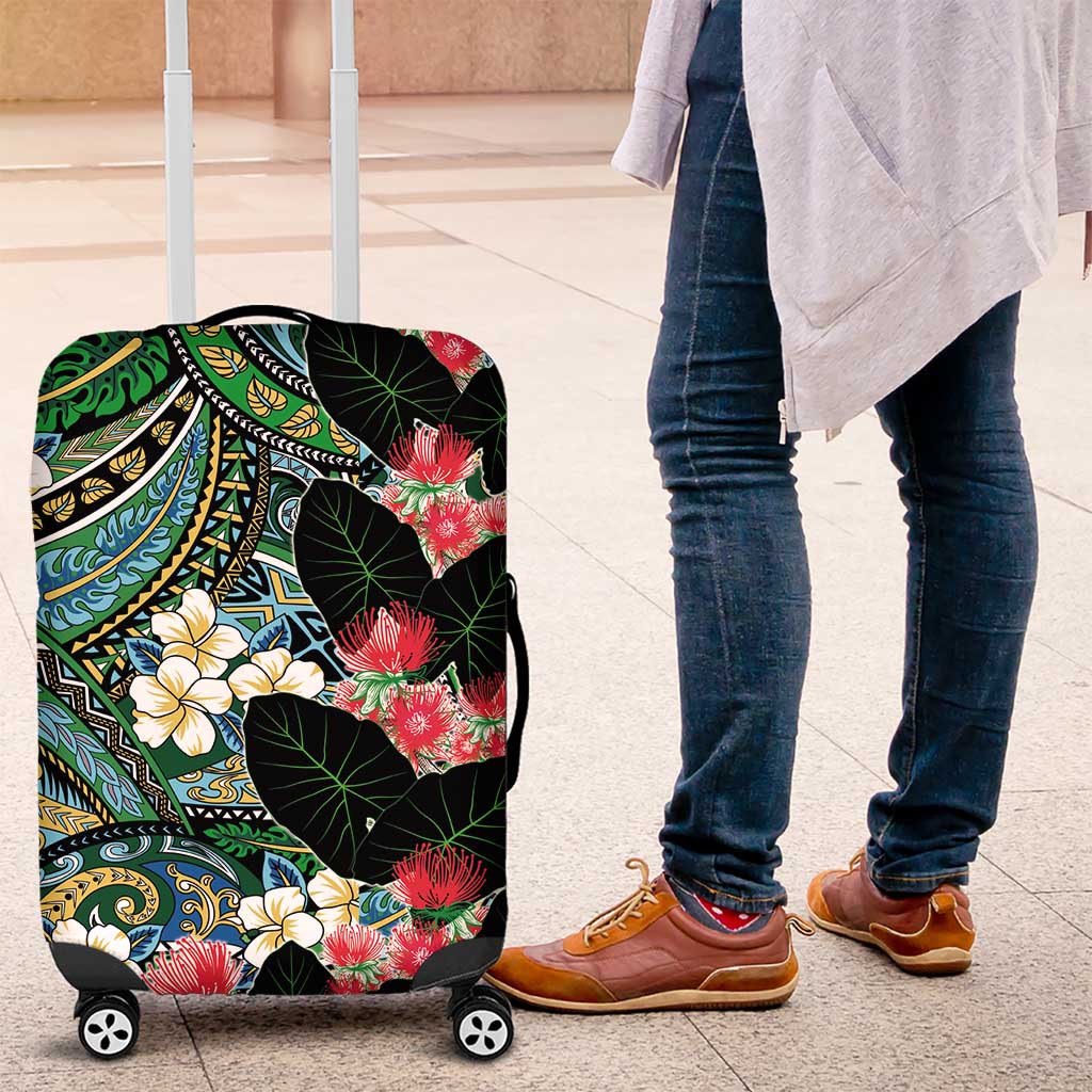 Hawaiian Taro Leaves and Ohia Lehua Luggage Cover Polynesian Tribal Art Tropical Plants Motifs Colorful