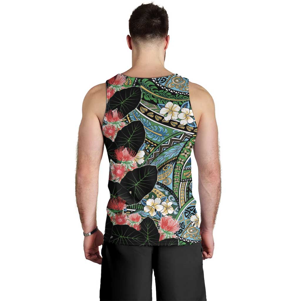 Hawaiian Taro Leaves and Ohia Lehua Men Tank Top Polynesian Tribal Art Tropical Plants Motifs Colorful