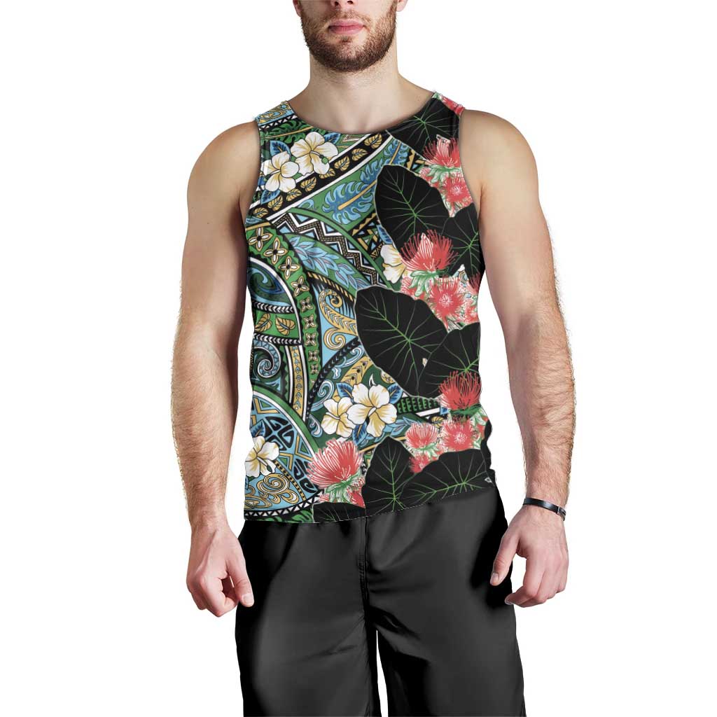 Hawaiian Taro Leaves and Ohia Lehua Men Tank Top Polynesian Tribal Art Tropical Plants Motifs Colorful