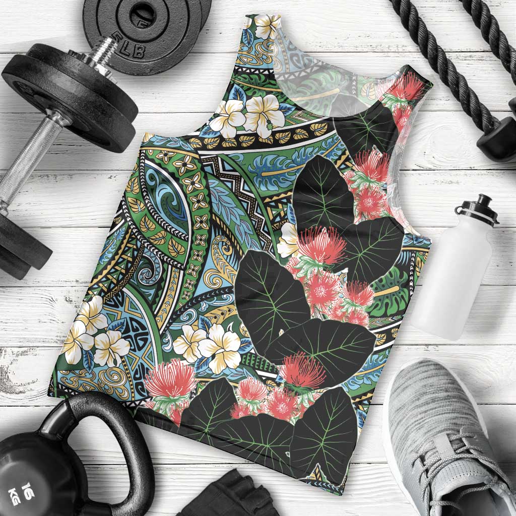 Hawaiian Taro Leaves and Ohia Lehua Men Tank Top Polynesian Tribal Art Tropical Plants Motifs Colorful