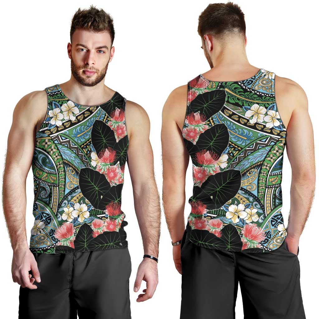 Hawaiian Taro Leaves and Ohia Lehua Men Tank Top Polynesian Tribal Art Tropical Plants Motifs Colorful
