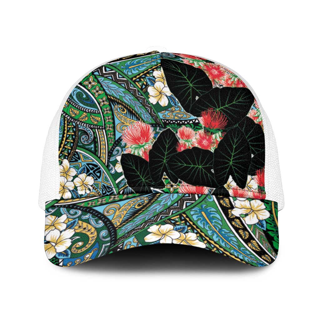 Hawaiian Taro Leaves and Ohia Lehua Mesh Trucker Cap Polynesian Tribal Art Tropical Plants Motifs Colorful