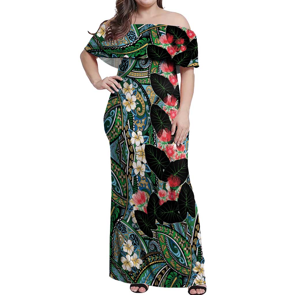 Hawaiian Taro Leaves and Ohia Lehua Off Shoulder Maxi Dress Polynesian Tribal Art Tropical Plants Motifs Colorful