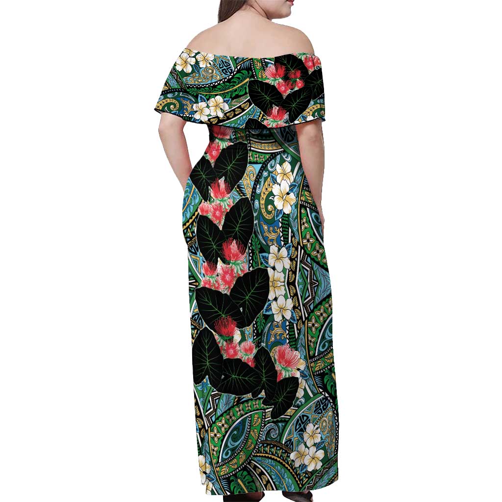 Hawaiian Taro Leaves and Ohia Lehua Off Shoulder Maxi Dress Polynesian Tribal Art Tropical Plants Motifs Colorful