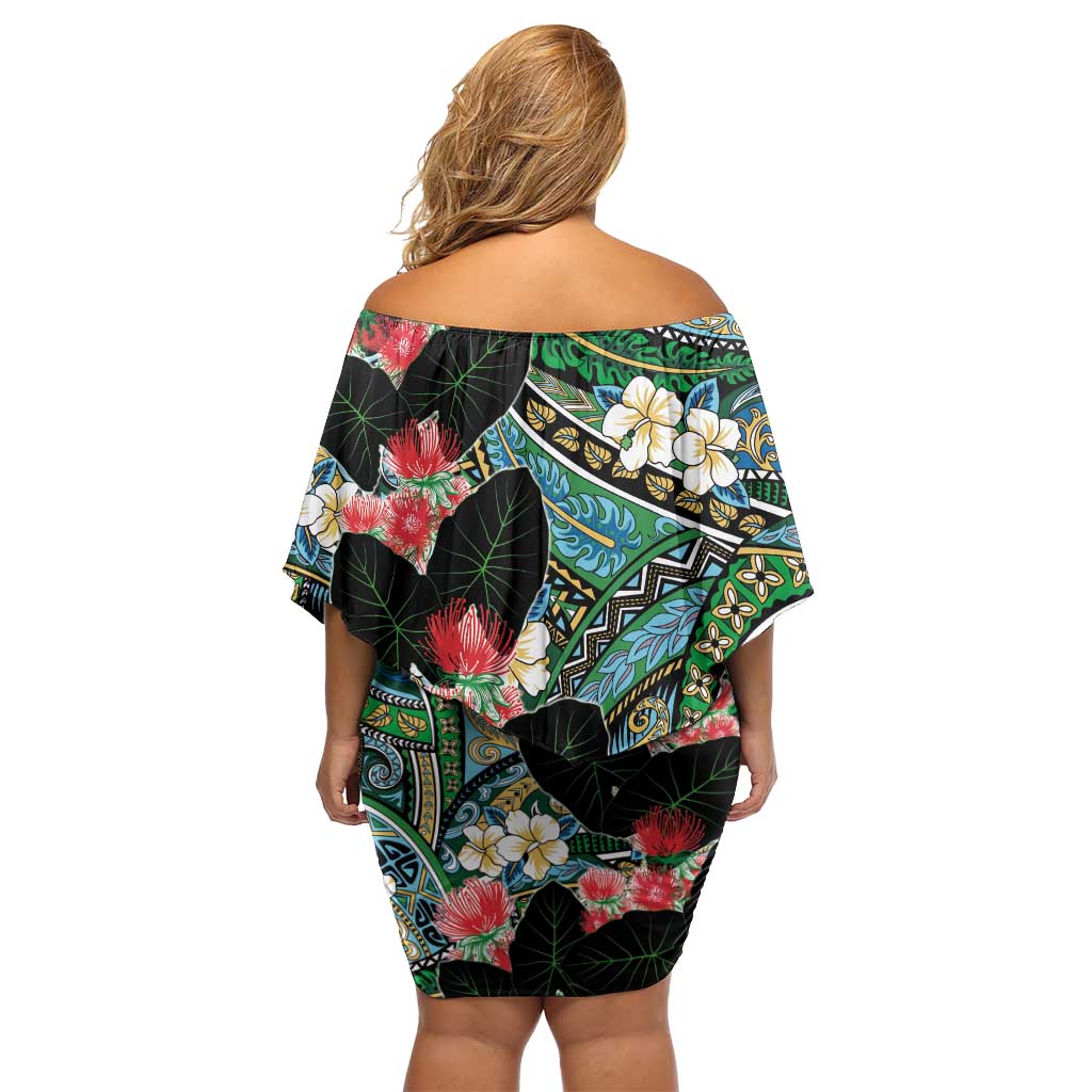 Hawaiian Taro Leaves and Ohia Lehua Off Shoulder Short Dress Polynesian Tribal Art Tropical Plants Motifs Colorful