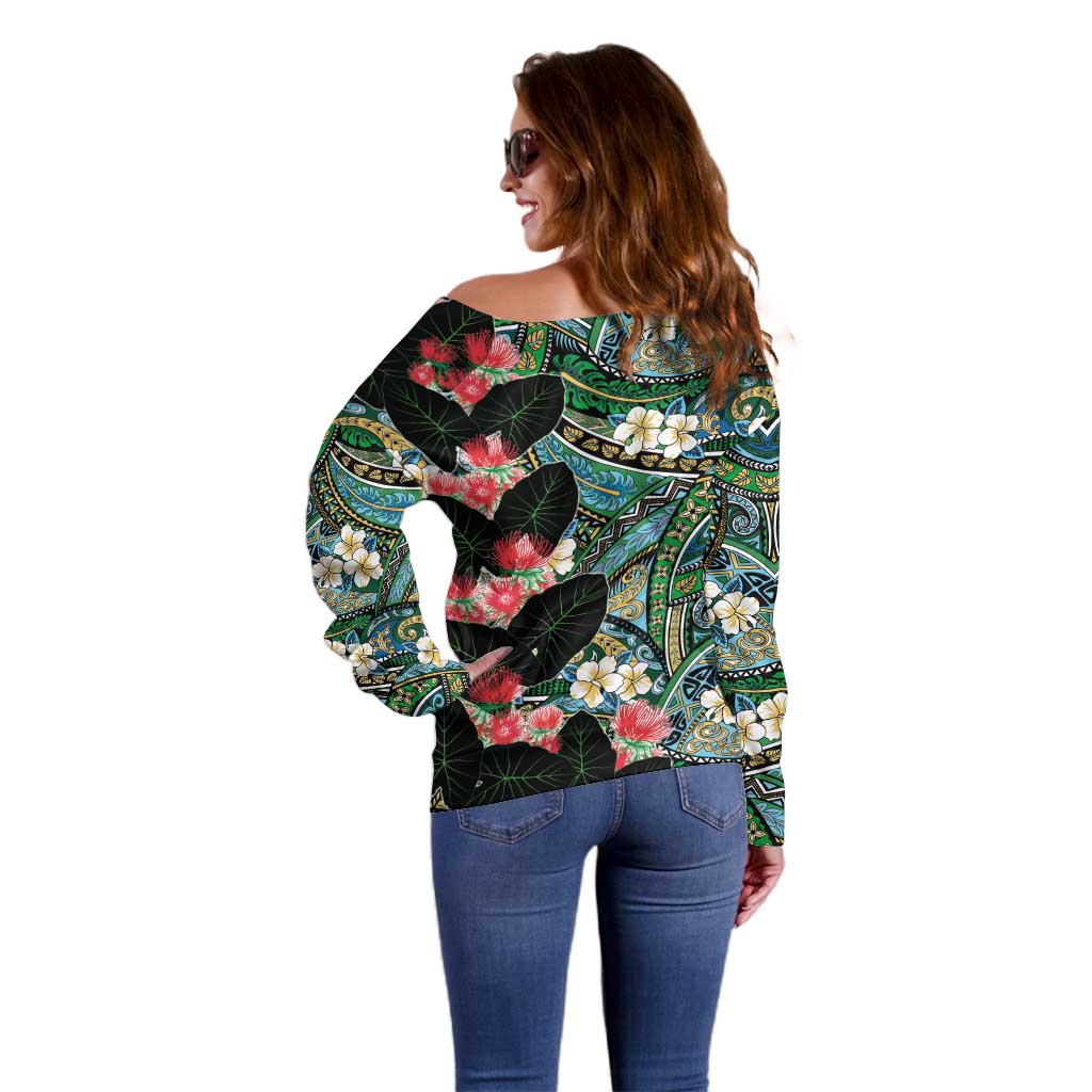 Hawaiian Taro Leaves and Ohia Lehua Off Shoulder Sweater Polynesian Tribal Art Tropical Plants Motifs Colorful