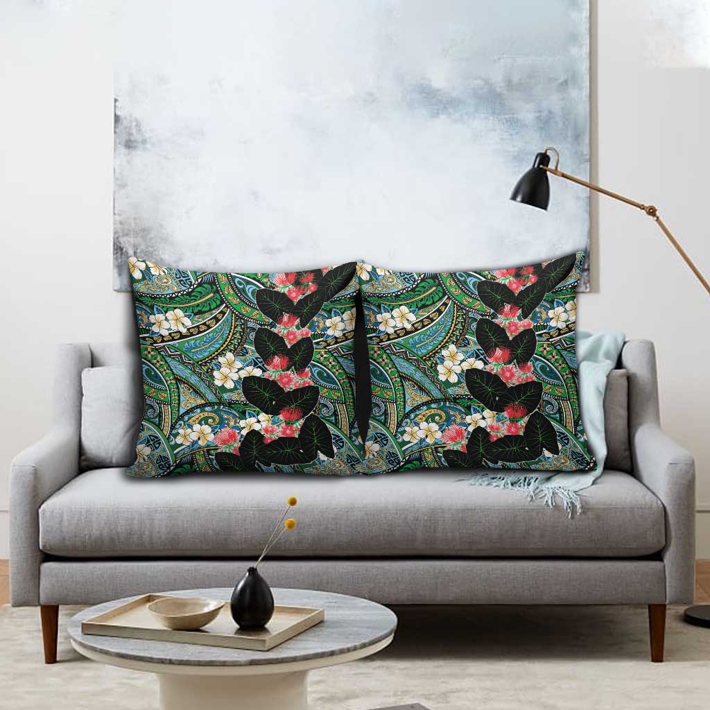 Hawaiian Taro Leaves and Ohia Lehua Pillow Cover Polynesian Tribal Art Tropical Plants Motifs Colorful