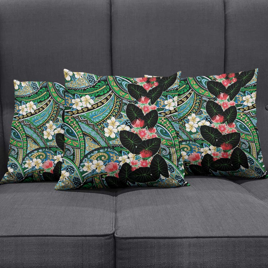 Hawaiian Taro Leaves and Ohia Lehua Pillow Cover Polynesian Tribal Art Tropical Plants Motifs Colorful