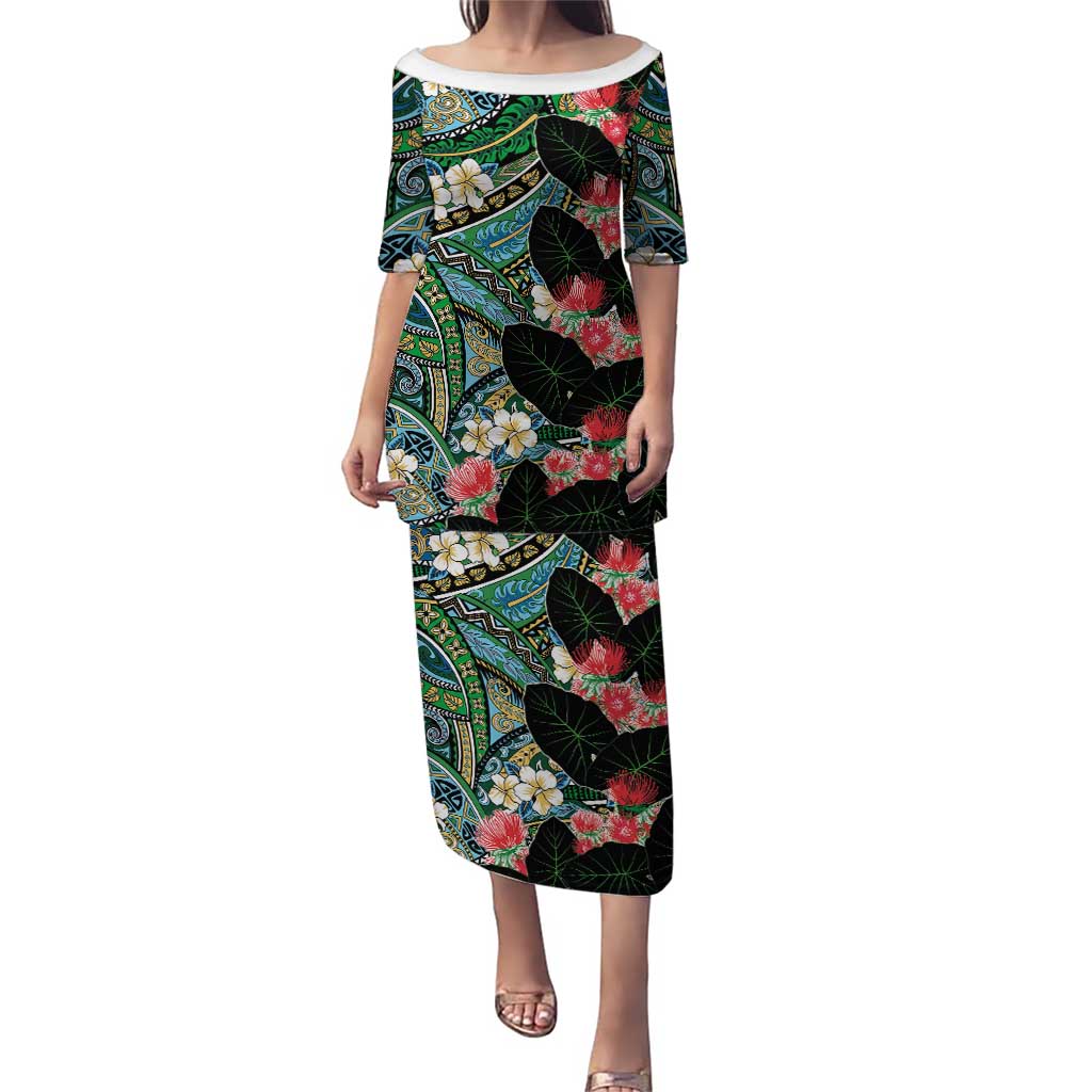 Hawaiian Taro Leaves and Ohia Lehua Puletasi Polynesian Tribal Art Tropical Plants Motifs Colorful