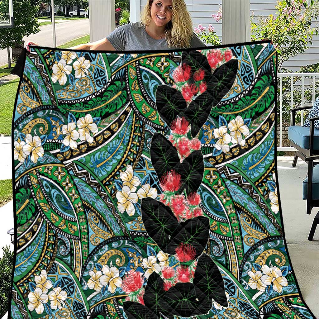 Hawaiian Taro Leaves and Ohia Lehua Quilt Polynesian Tribal Art Tropical Plants Motifs Colorful