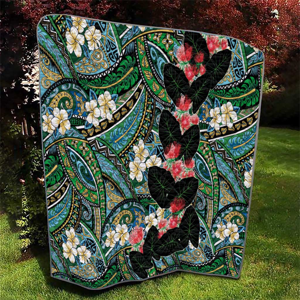 Hawaiian Taro Leaves and Ohia Lehua Quilt Polynesian Tribal Art Tropical Plants Motifs Colorful