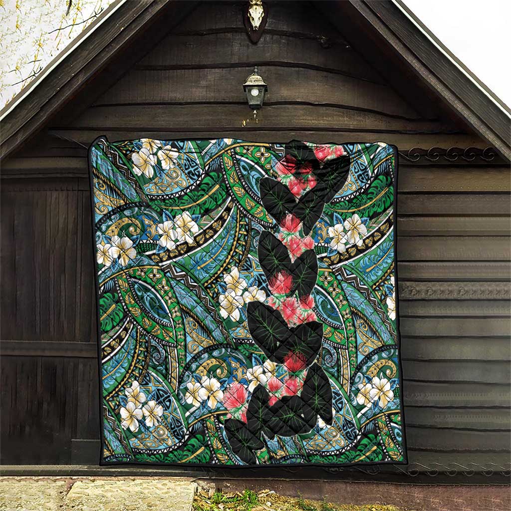 Hawaiian Taro Leaves and Ohia Lehua Quilt Polynesian Tribal Art Tropical Plants Motifs Colorful