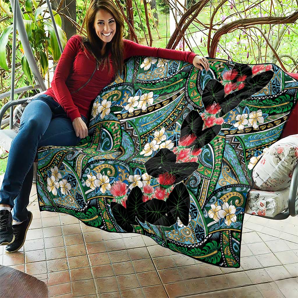 Hawaiian Taro Leaves and Ohia Lehua Quilt Polynesian Tribal Art Tropical Plants Motifs Colorful