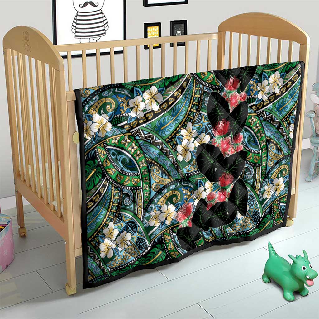 Hawaiian Taro Leaves and Ohia Lehua Quilt Polynesian Tribal Art Tropical Plants Motifs Colorful