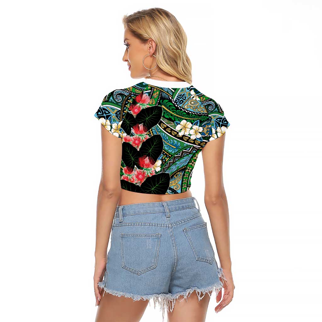 Hawaiian Taro Leaves and Ohia Lehua Raglan Cropped T Shirt Polynesian Tribal Art Tropical Plants Motifs Colorful